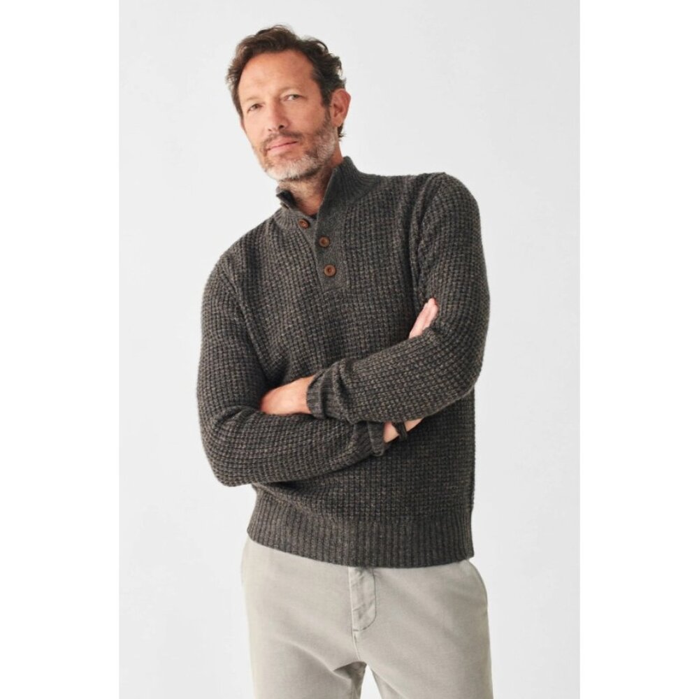 Faherty‎ Mens Cashmere Wool Quarter Button Sweater In Charcoal Melange Medium